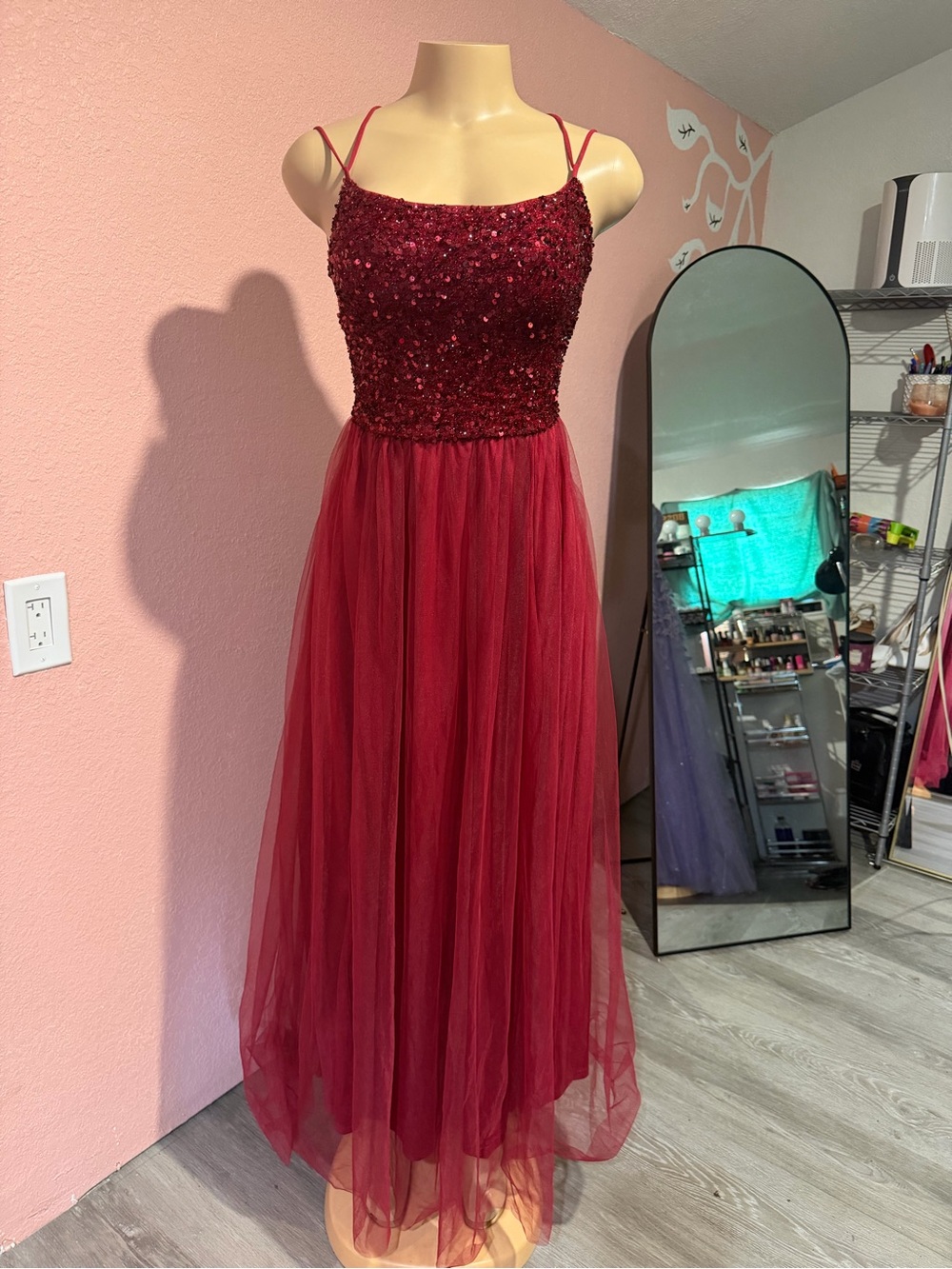 Beaded Burgundy Tulle Prom Dress with Double Spaghetti Straps. Size medium